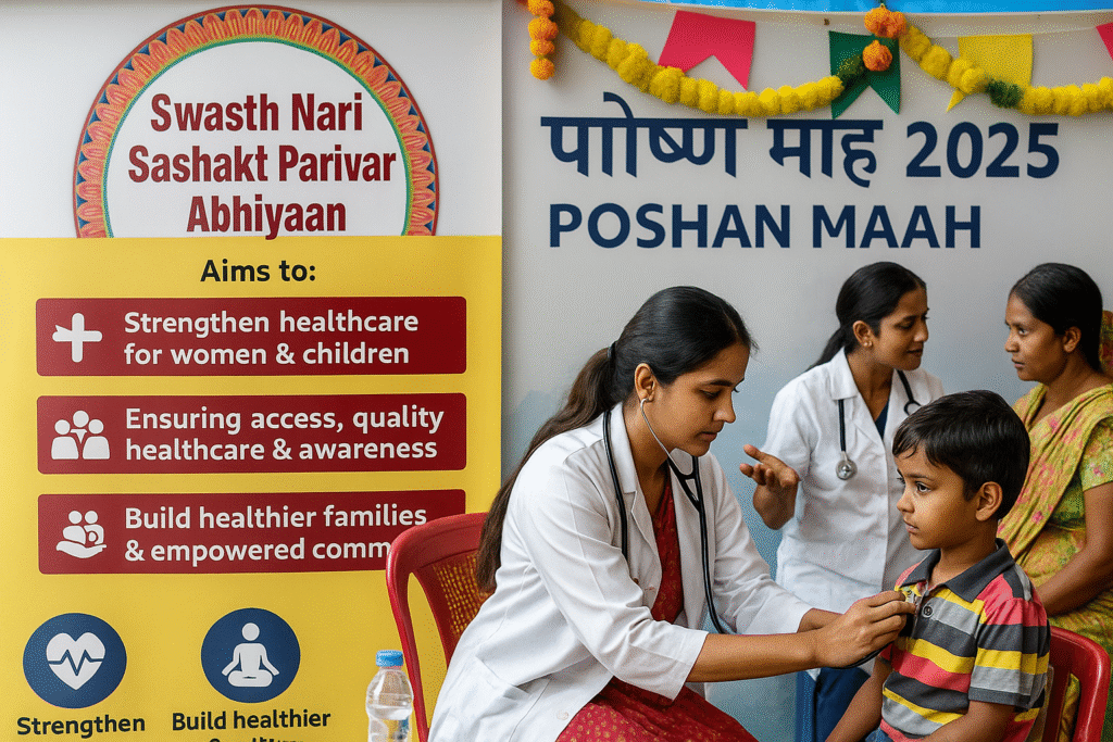 Women and children attending a health camp under Swasth Nari Sashakt Parivar Abhiyan and Poshan Maah 2025 in India