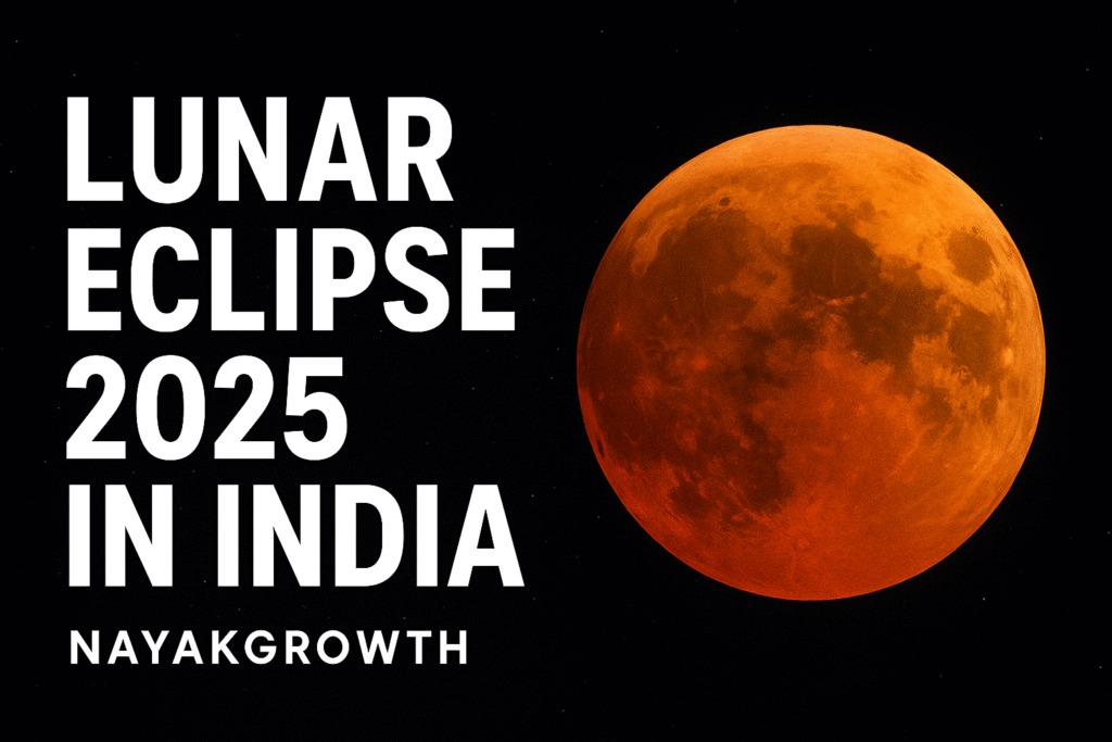 Lunar Eclipse 2025 Blood Moon with nayakGrowth branding in India”