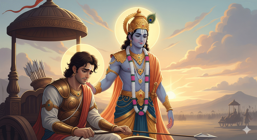 Lord Krishna guiding Arjuna on the battlefield of Kurukshetra, symbolizing Bhagavad Gita wisdom for controlling overthinking and negative thoughts, with divine light and peaceful background
