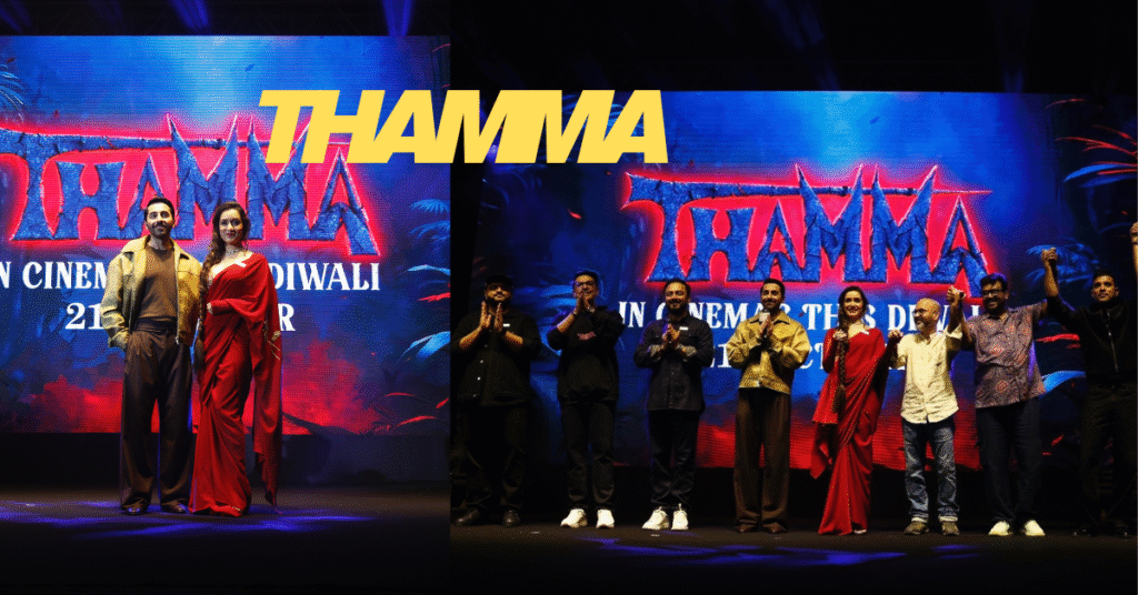 Promotional poster of Thamma movie 2025 showing a spooky yet fun atmosphere with the legendary Thamma character, Diwali-themed decorations, and horror-comedy elements. Produced by Dinesh Vijan and directed by Aditya Sarpotdar, releasing worldwide on 21st October 2025