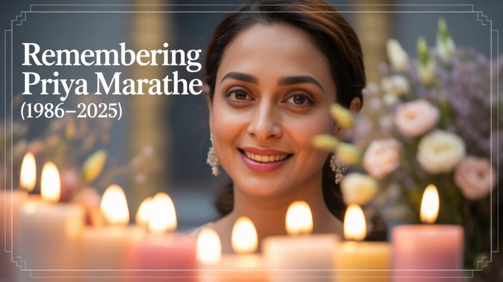Tribute image of Priya Marathe with flowers and candles