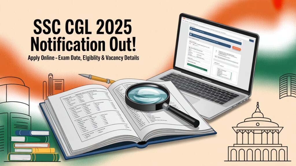 SSC CGL 2025 exam date notification poster with Tier 1 schedule, apply online and admit card details”