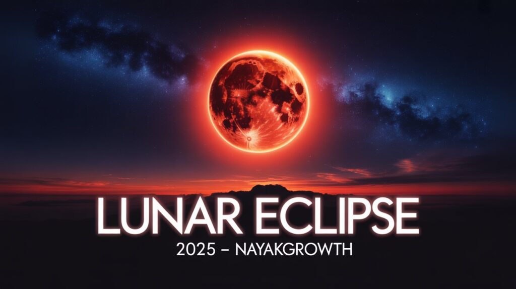 Lunar Eclipse 2025 Blood Moon with nayakGrowth branding in India”