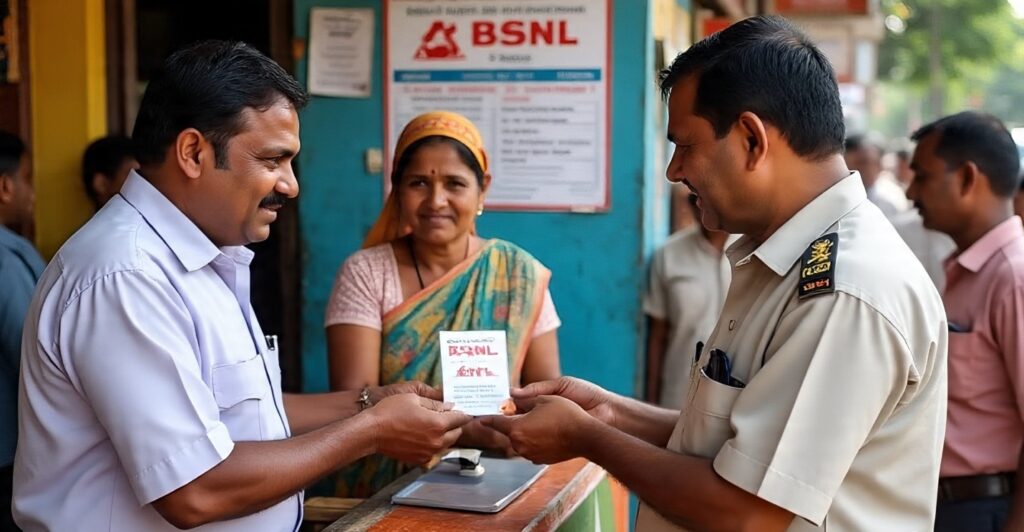 Post office staff providing BSNL mobile recharge service to a villager in India