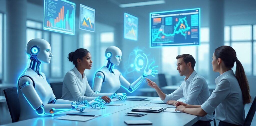 Futuristic office showing humans collaborating with AI and digital data holograms – Ethical AI in Business 2025