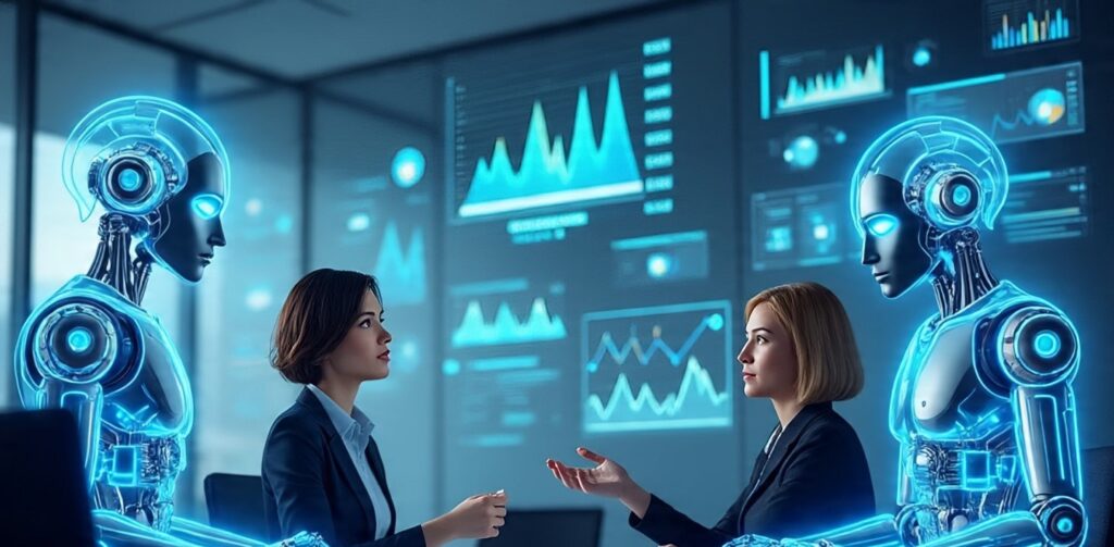 Futuristic office showing humans collaborating with AI and digital data holograms – Ethical AI in Business 2025