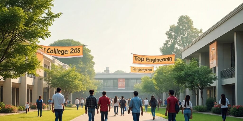 Top engineering colleges in India 2025 – realistic Indian university campus with students and modern IIT-style architecture