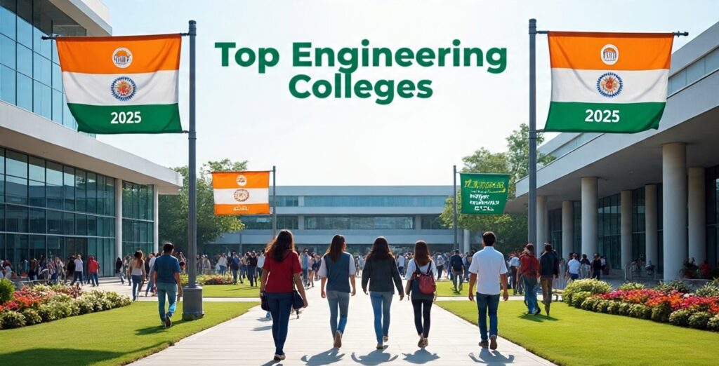 Top engineering colleges in India 2025 – realistic Indian university campus with students and modern IIT-style architecture