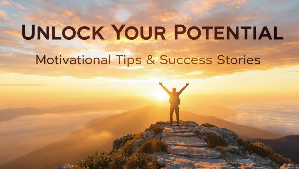 Person standing on mountain peak at sunrise celebrating success