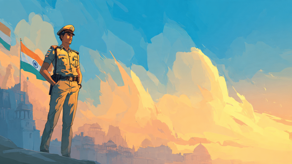 Sub-Inspector in Delhi Police uniform standing confidently with Indian flag in background, representing SSC CPO 2025 recruitment for Delhi Police and Central Armed Police Forces (CAPFs)