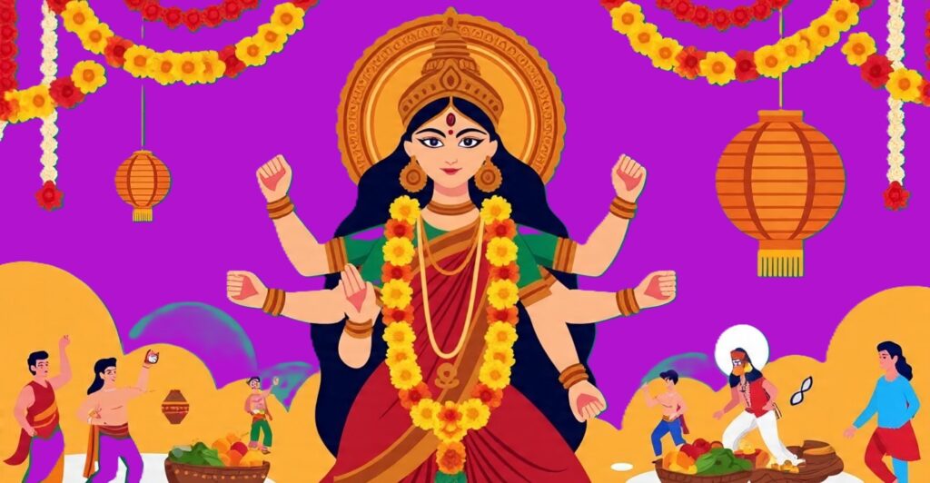 Navratri 2025 benefits including spiritual growth, mental wellness, and health advantages, featuring Goddess Durga, Garba dance, and festive fasting foods