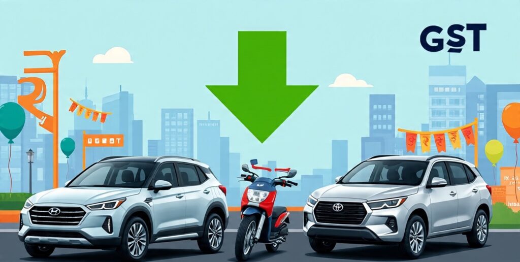 ndian automobiles like Hyundai Creta, Tata Harrier, and Fortuner with GST tax cut symbol showing price drop in 2025.”