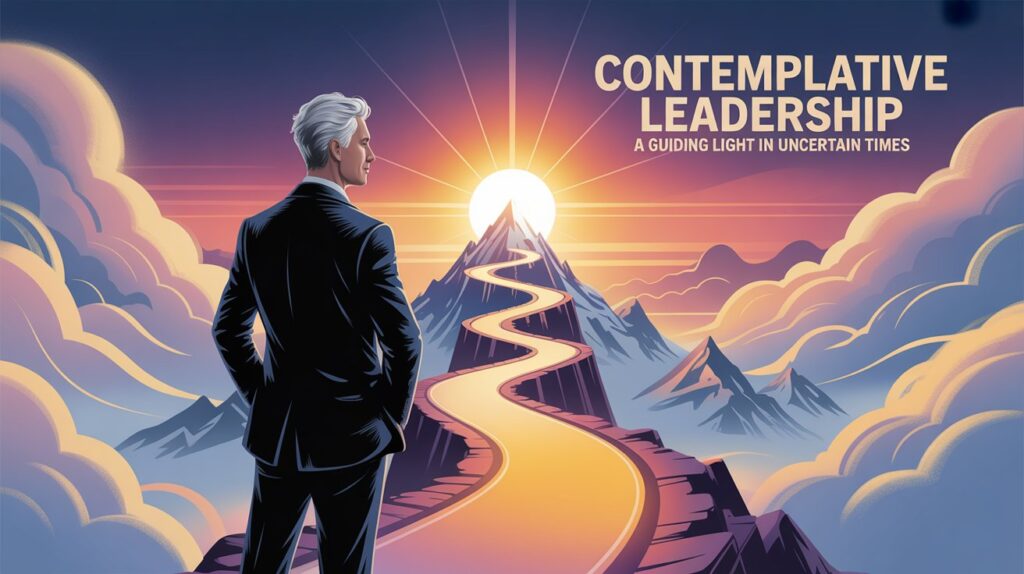 Calm leader standing on a mountain peak at sunrise, symbolizing contemplative leadership, resilience, and guidance in uncertain times