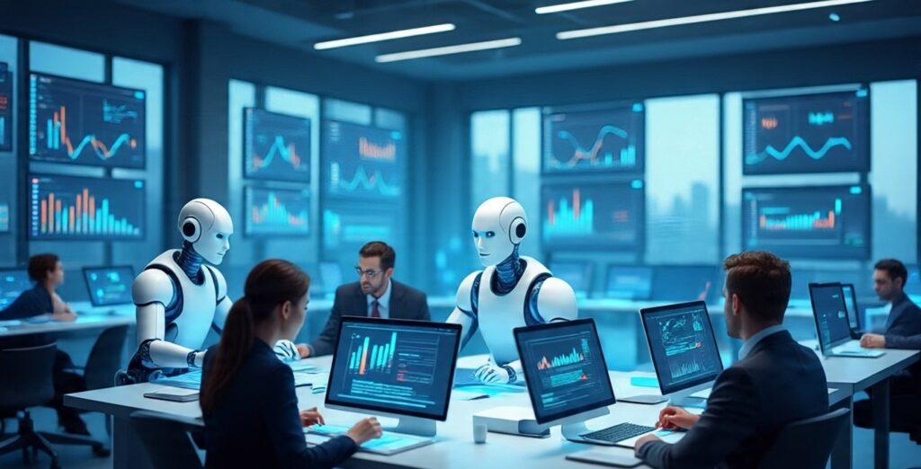 AI reshaping the workplace in 2025 with automation, business analytics, and human-machine teamwork.