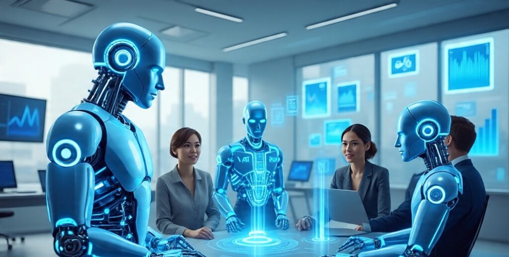 Artificial Intelligence transforming jobs and businesses in 2025, showing human-AI collaboration and workplace innovation