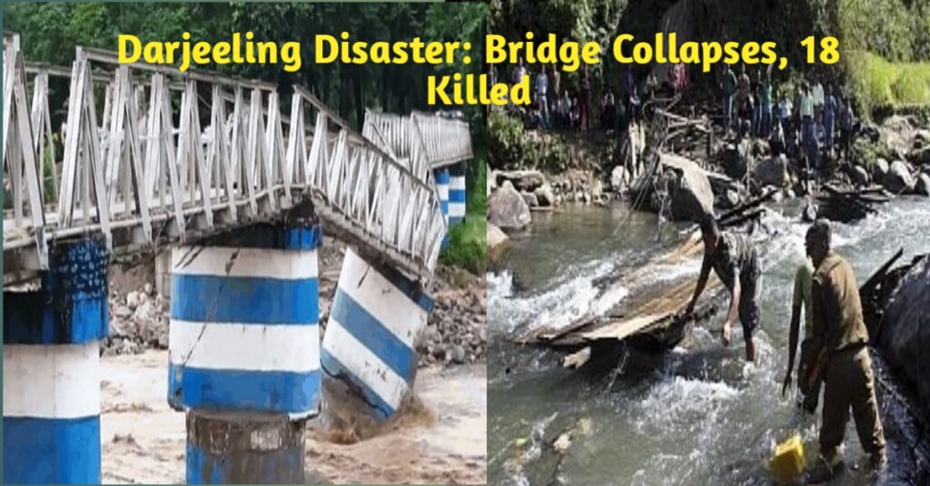 Collapsed Dudhia bridge and landslides in Darjeeling after heavy rains, with stranded tourists and NDRF rescue teams clearing debris under cloudy skies