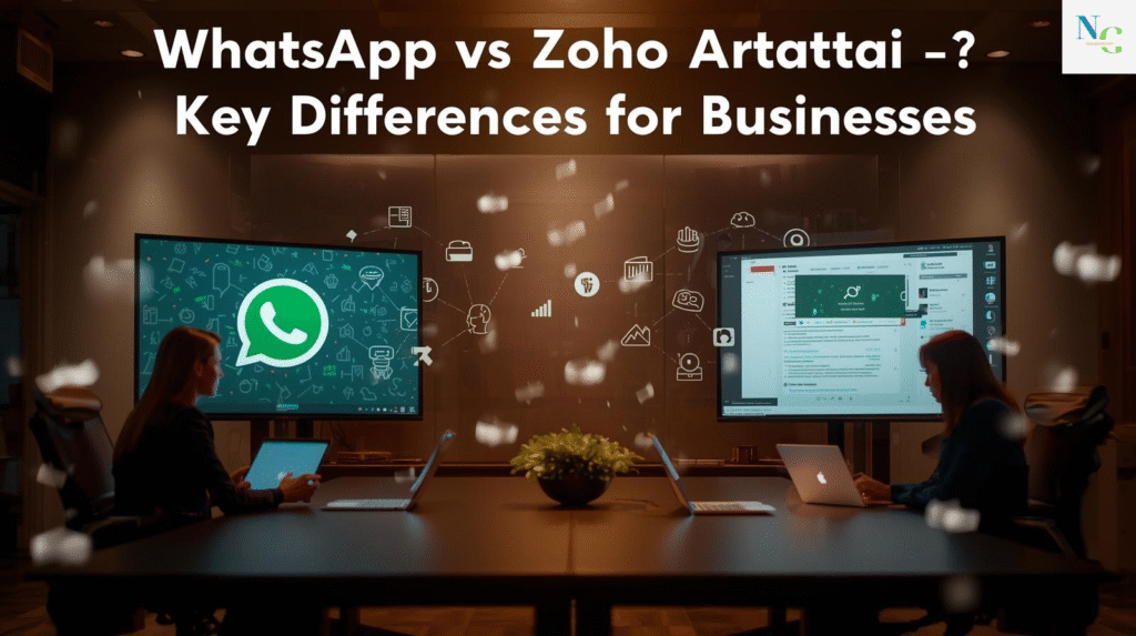 Comparison of WhatsApp and Zoho Arattai messaging platforms for personal and business communication.