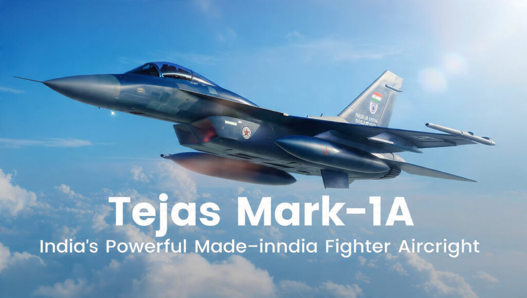 Tejas Mark-1A fighter jet flying in the sky with Indian Air Force markings, showcasing India’s advanced and indigenous air defense capability.