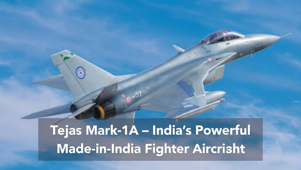 Tejas Mark-1A fighter jet flying in the sky with Indian Air Force markings, representing India’s powerful Made-in-India aircraft under the Tejas program.