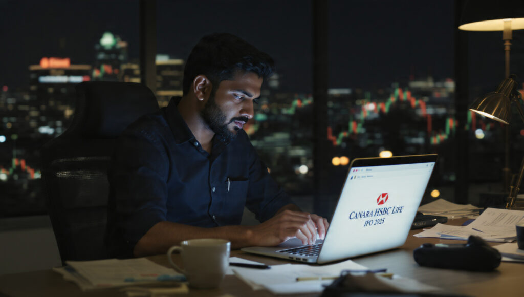Investor checking Canara HSBC Life IPO 2025 allotment on laptop with stock market background.