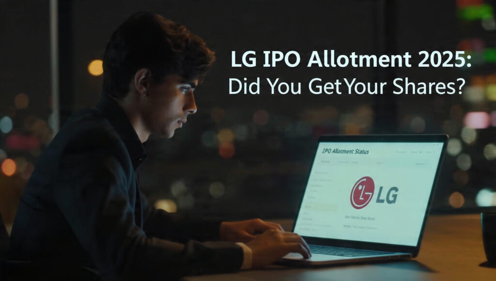 Indian investor checking LG IPO allotment status on laptop with city lights in background.