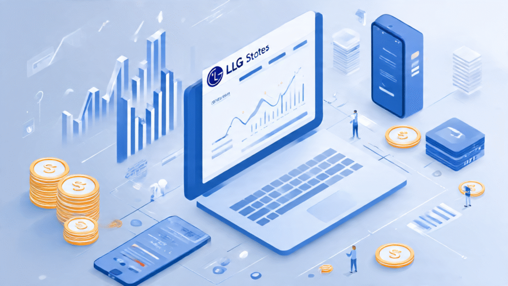 LG IPO allotment status displayed on laptop and smartphone screens with stock market graphics.