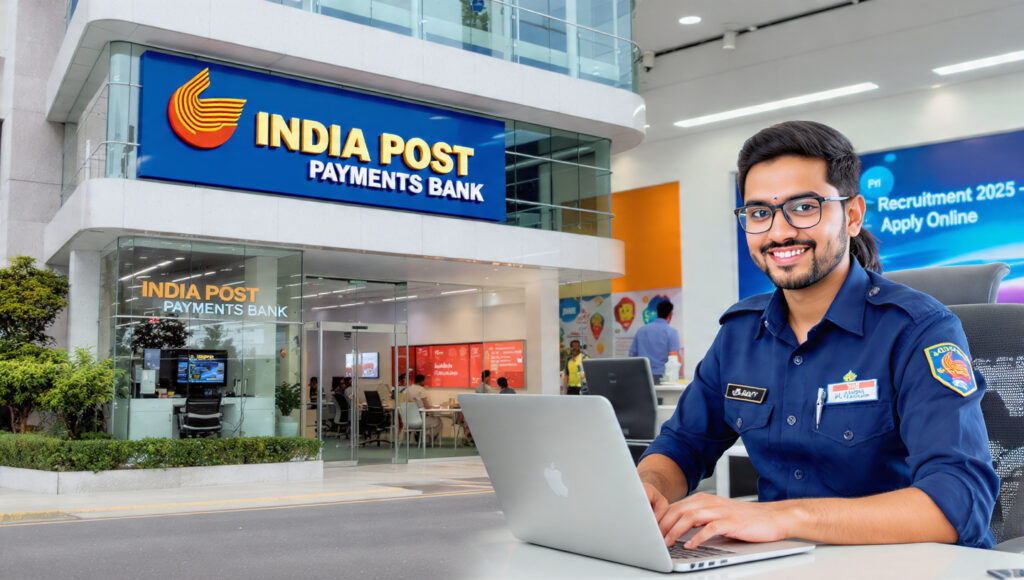 India Post Payments Bank GDS Executive Recruitment 2025 banner showing postal employee with laptop and India Post logo.