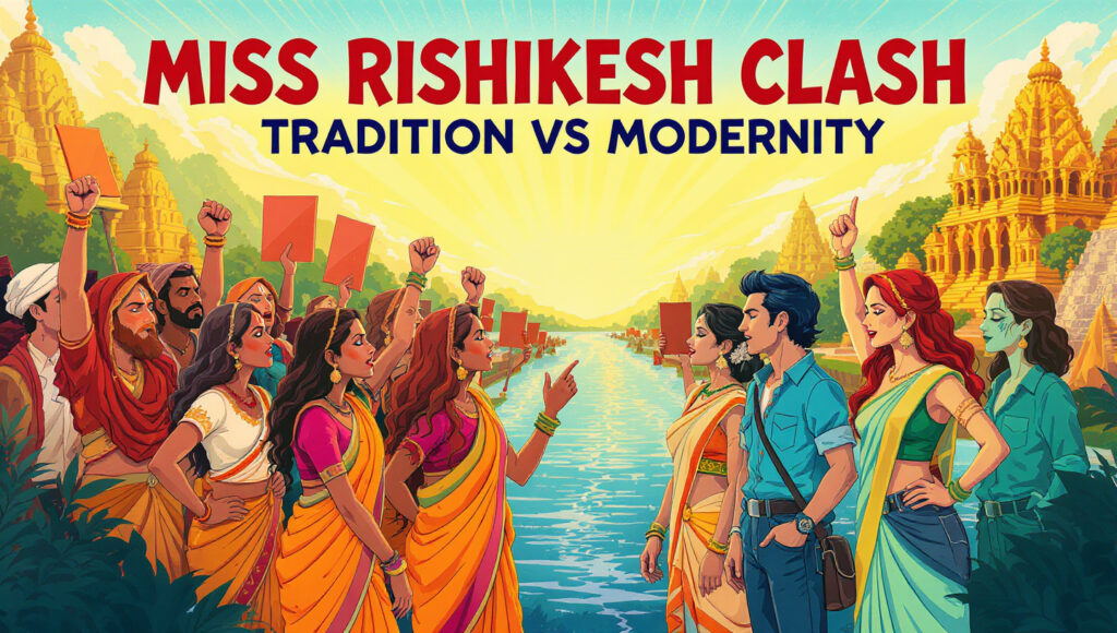 Hindu Raksha Sangathan protests Miss Rishikesh 2025 auditions over Western outfits in Rishikesh, highlighting clash between tradition and modern expression.
