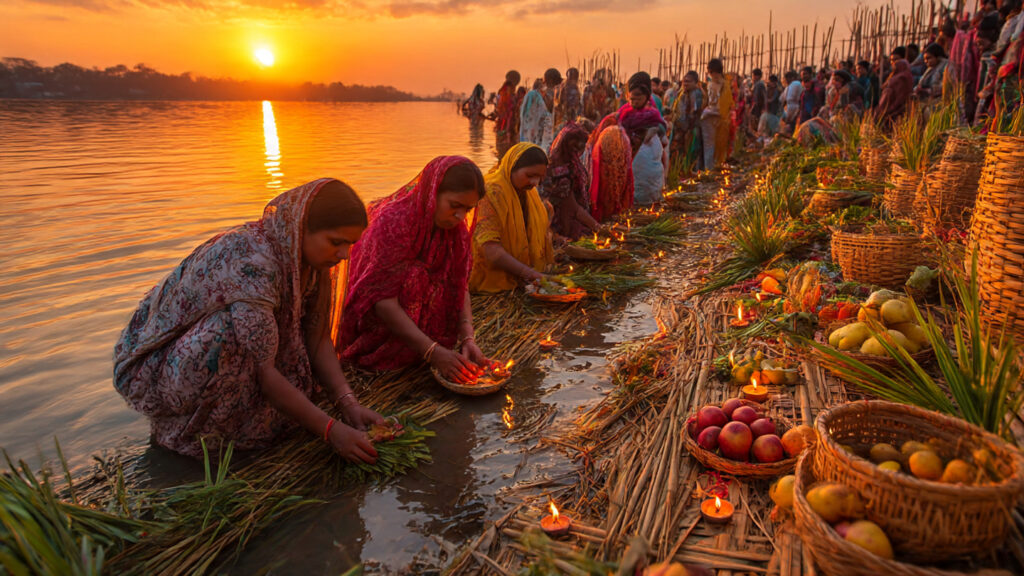 Chhath Puja 2025 rituals at riverbank offering Arghya to Sun God.
