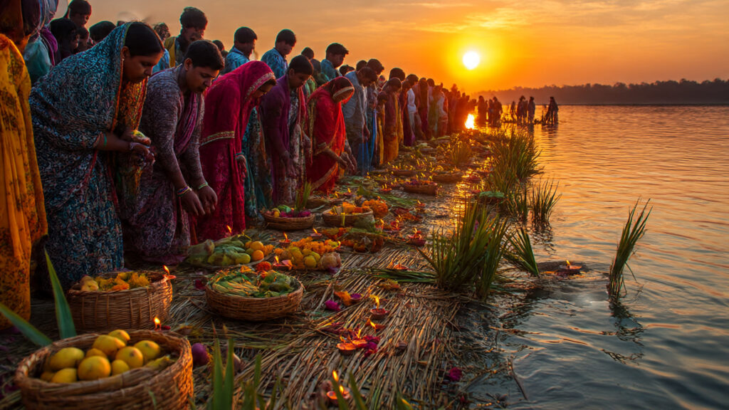 Chhath Puja 2025 rituals at riverbank offering Arghya to Sun God.