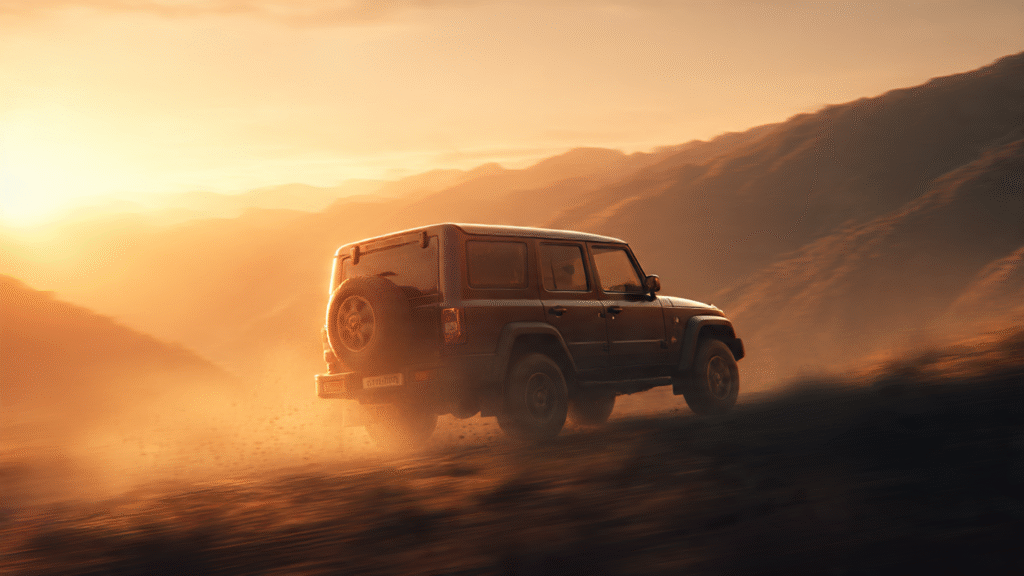 Mahindra Bolero 2025 SUV on rugged Indian terrain with iconic silhouette, dust trail from tires, golden-hour sunlight, cinematic and realistic design