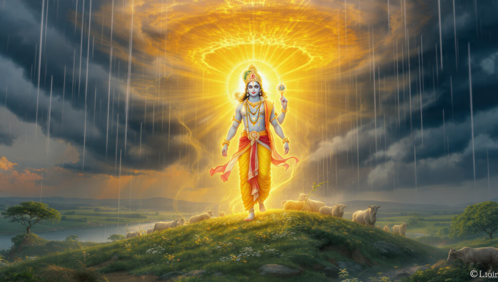 Govardhan Puja scene showing Lord Krishna holding Govardhan Hill as villagers and cows take shelter beneath