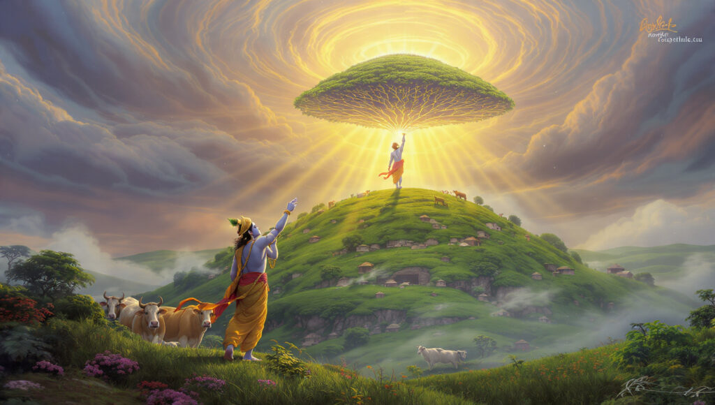 Govardhan Puja scene showing Lord Krishna holding Govardhan Hill as villagers and cows take shelter beneath