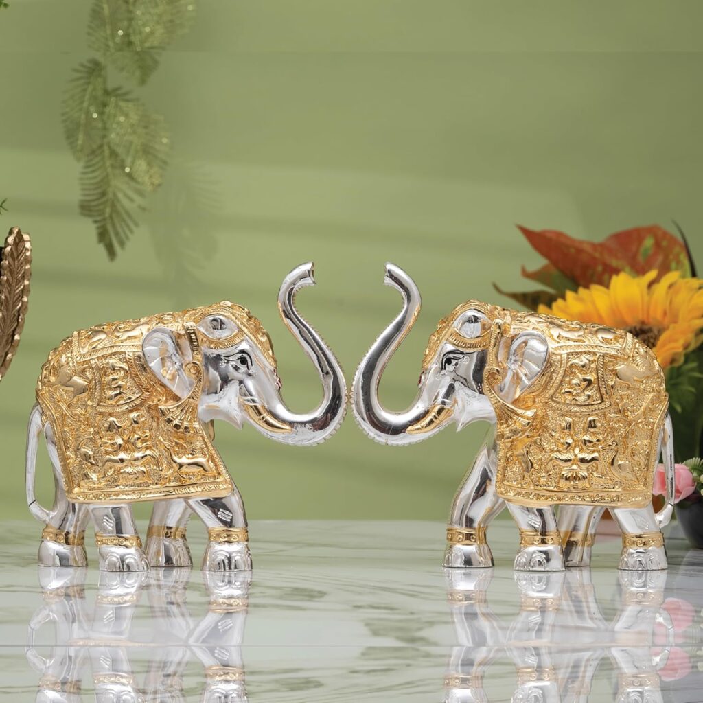 Idolkart Elephant Showpiece gold and silver coated vastu elephants set of 2 for home decor