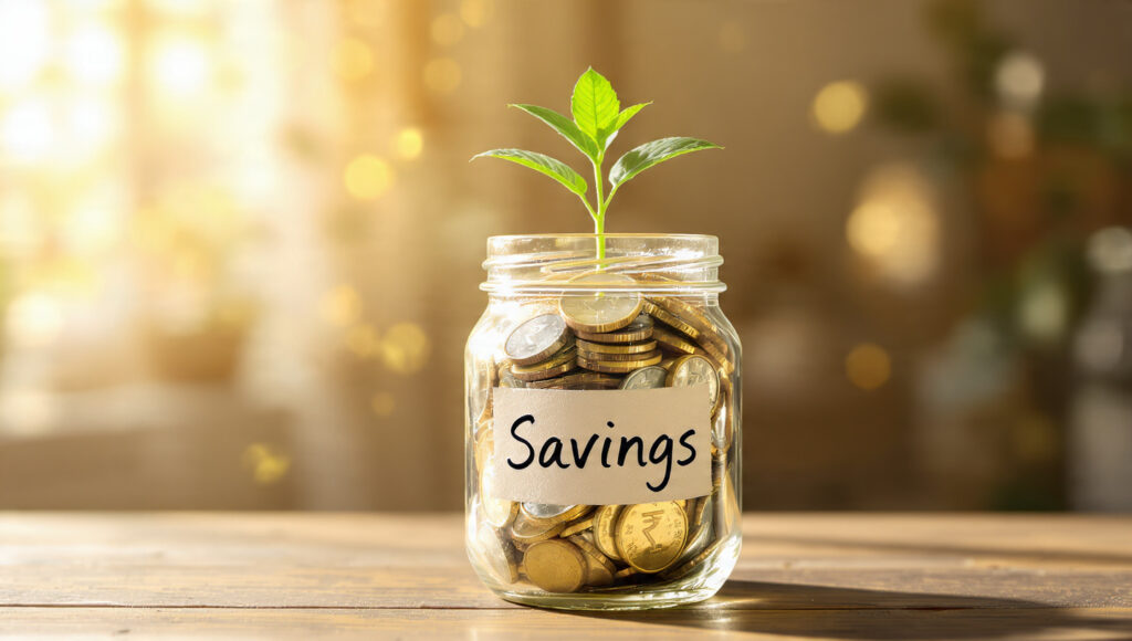 Saving money in India concept with rupee coins in jar and plant growth symbolizing financial growth